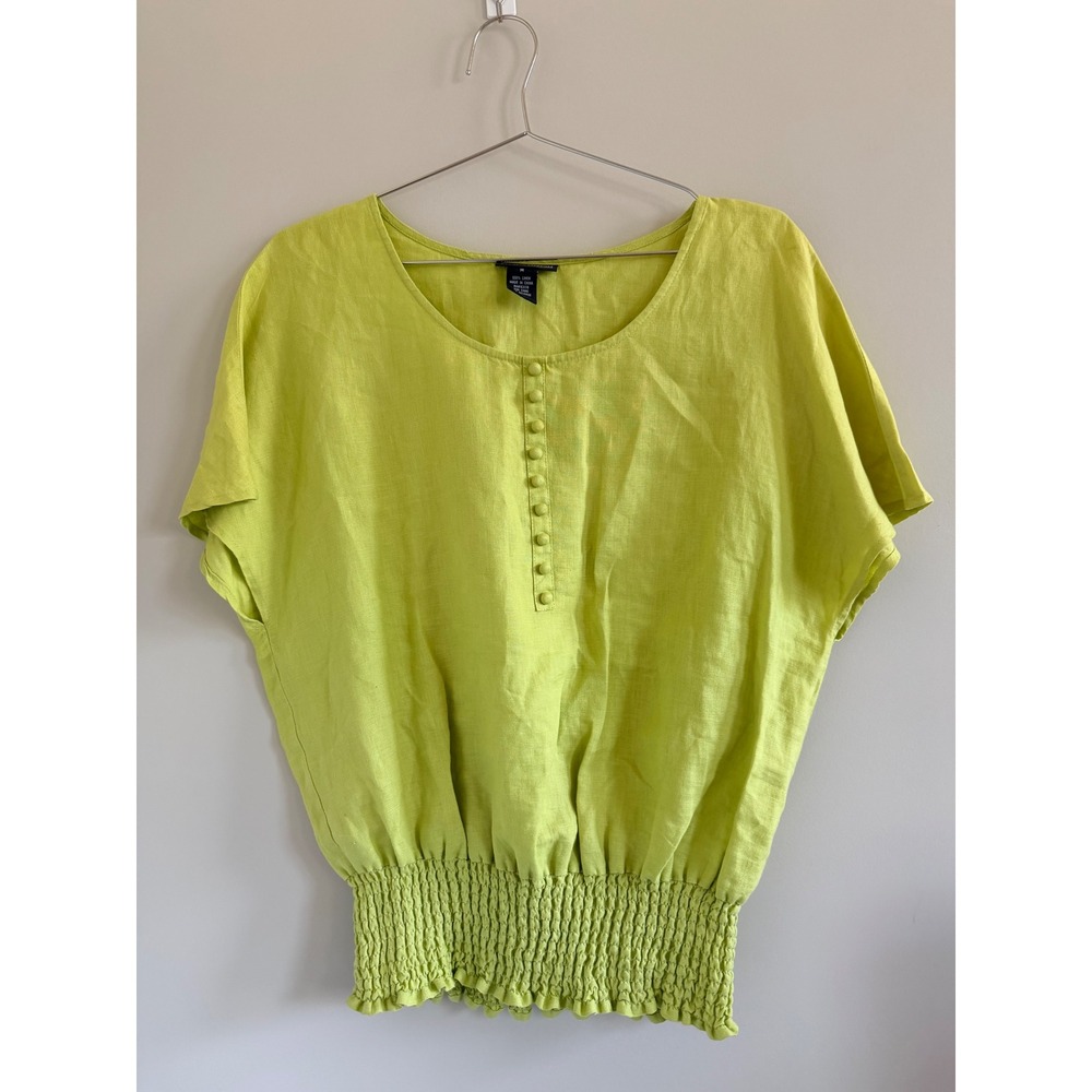 Chelsea & Theodore Lime Green 100% Linen Smocked Waist Blouse Top Size M